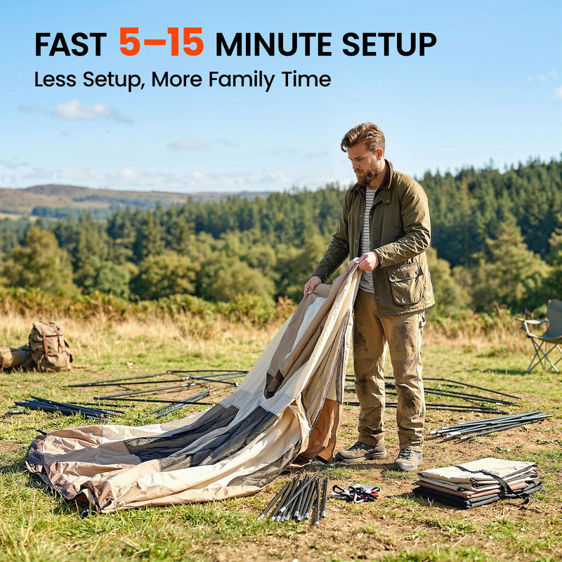 Family Camping Tent with Quick 2 Room Setup and Skylights for Easy Outdoor Living Brown Khaki