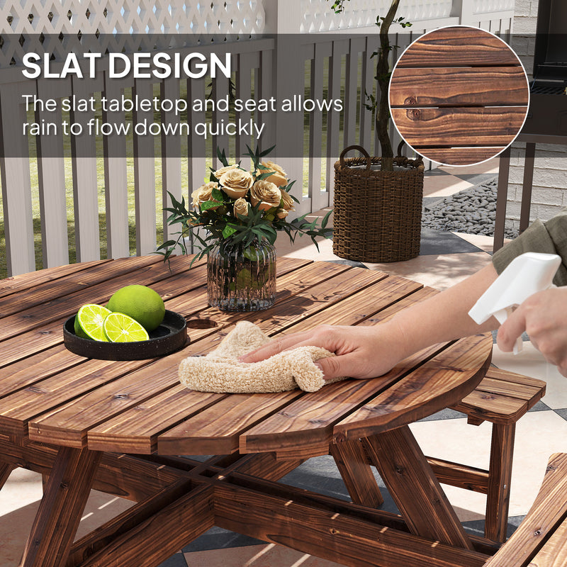 Wooden Garden Dining Set for 8 with Round Table and Benches Parasol Hole, Carbonised Wood Outsunny