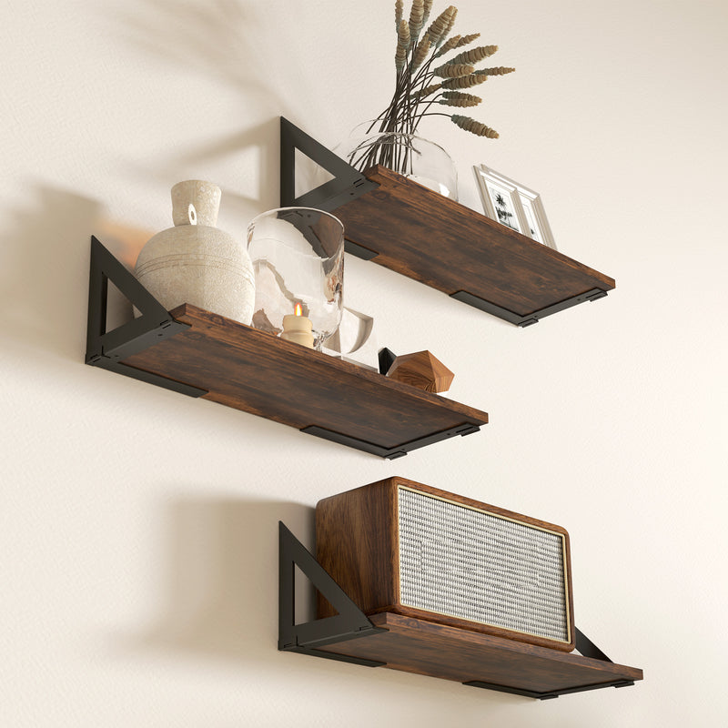 Set of 3 Rustic Brown Floating Wall Shelves for Living Room Bedroom Entryway by HOMCOM