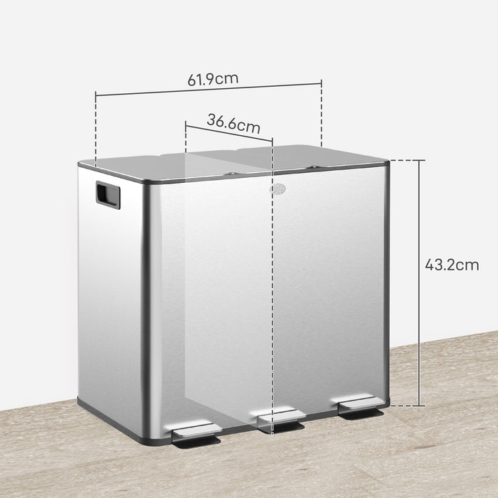 Steel Triple Kitchen Pedal Bin 3 x 15L with Soft Close Lid and Removable Buckets by HOMCOM