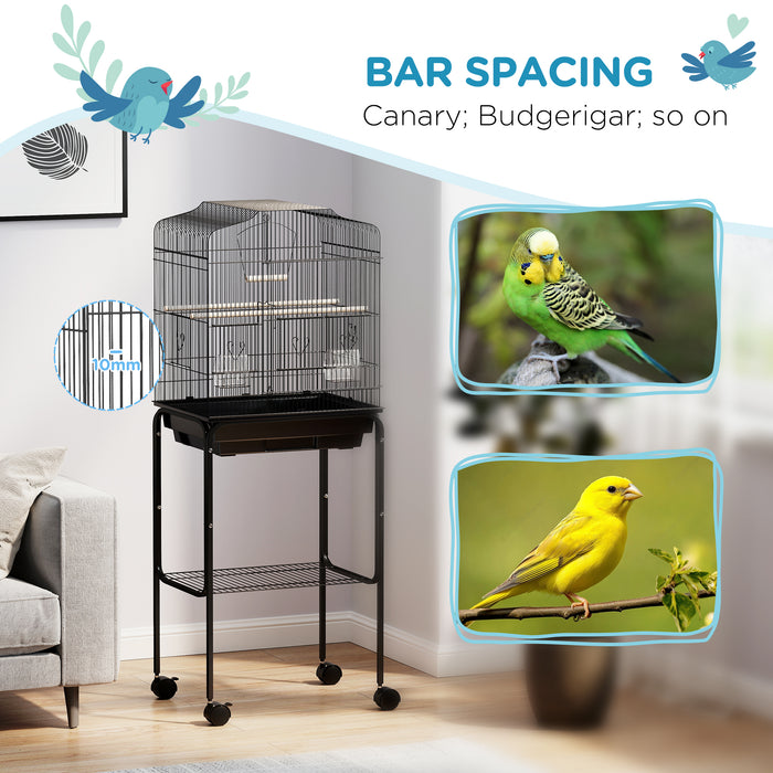 Black Bird Cage for Budgies Canaries Finches with Stand Wheels Storage Shelf by PawHut