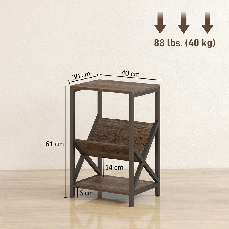 Narrow Side Table with 3 Tier Storage and Magazine Rack for Living Room or Bedroom Oak