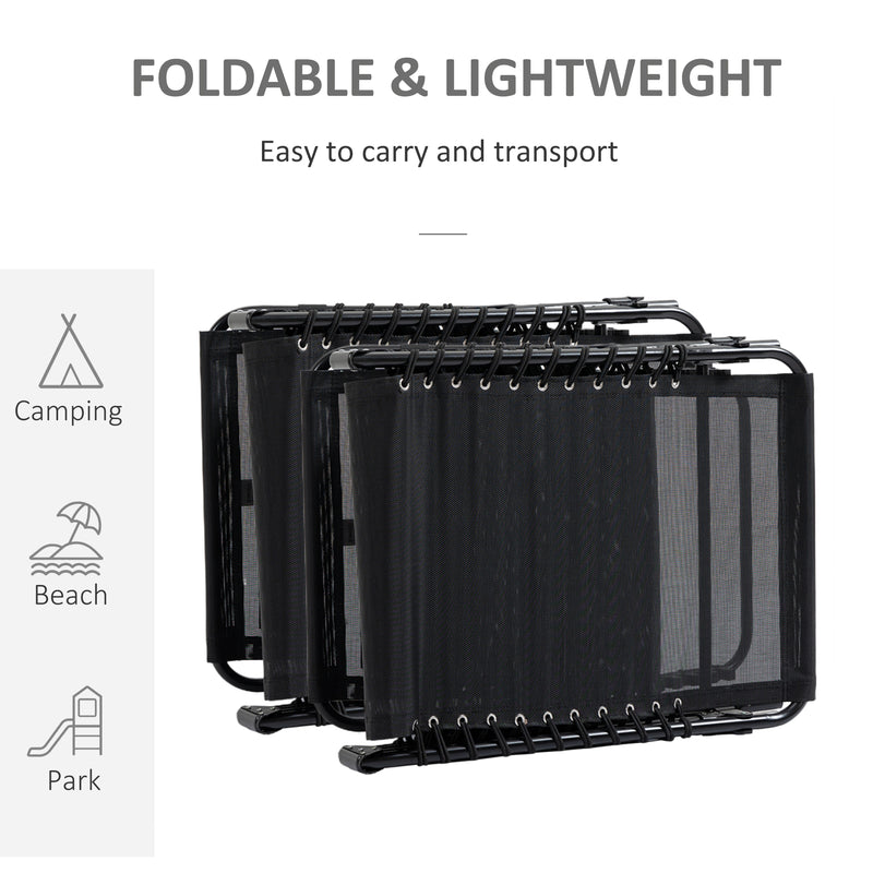 Black Folding Sun Lounger Set of 2 with Adjustable Backrest and Side Pocket for Garden