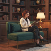 2 Seater Sofa, Dark Green Linen Look Sofa with Wing Back and Gold Metal Legs for Small Spaces