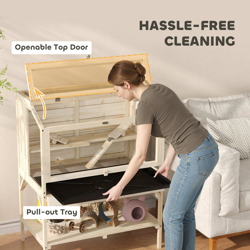 2 Tier Wooden Hamster Cage With Shelves and Easy Access Top for Small Pets Natural AOSOM