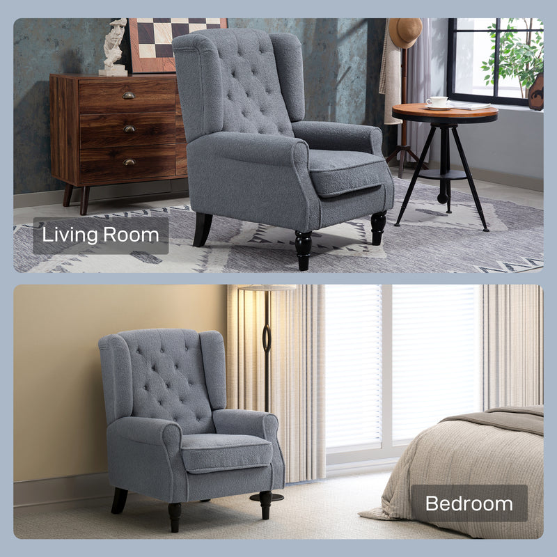 Retro Wingback Accent Chair With Button Tufted Upholstery For Living Room And Bedroom Grey