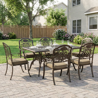 6 Seater Metal Garden Dining Set with Cushioned Chairs and Rustproof Aluminium Frame, Bronze Khaki