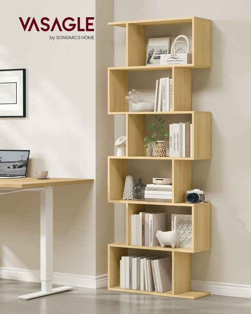 Image of a 6 Tier Freestanding Geometric Bookcase Finished in a Warm Oak Colour.