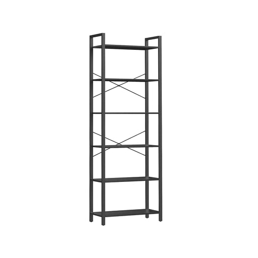 Image of a 6 Tier Tall Narrow Bookcase Black by Vasagle Furniture. 66cm width make it Ideal for tighter areas like a home office or living room. Sleek all black design with steel frame and 6 spacious shelves.