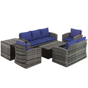 6 Seater Rattan Garden Furniture Set With Cushions and Storage Tables Grey With Navy Blue by Outsunny