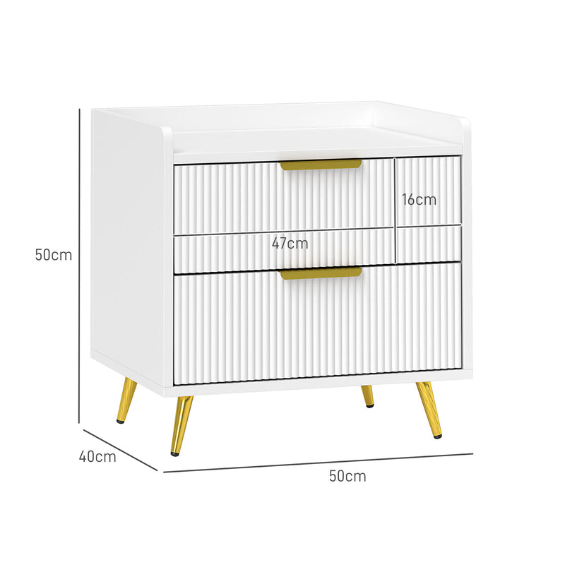 White Elegant Two Drawer Bedside Table for With Gold Legs and Handles by HOMCOM