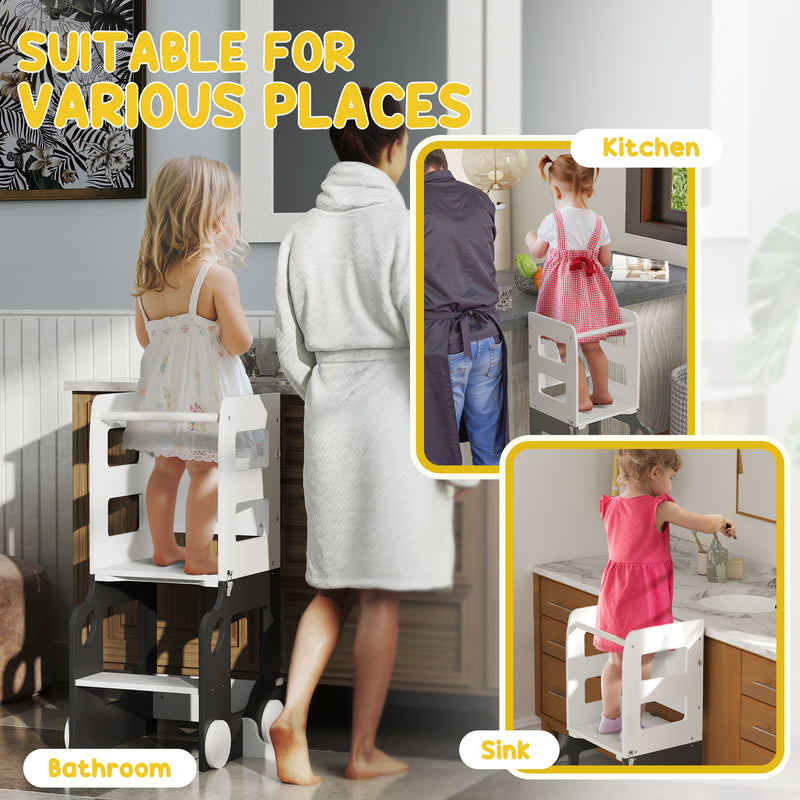 Foldable Toddler Step Stool With Safety Rail For Kitchen And Bathroom Use Grey AOSOM