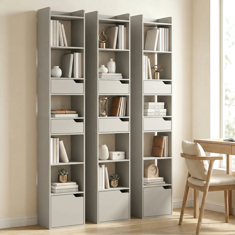 Slim Bookcase with Shelves Drawers and Cabinet for Small Room Storage Grey