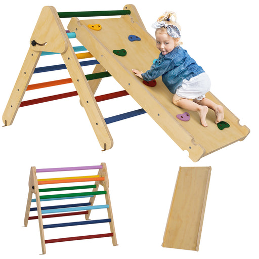 Toddler Climbing Frame with Ramp 3-in-1 Wooden Pikler Triangle Set for Ages 18-48 Months by AIYAPLAY