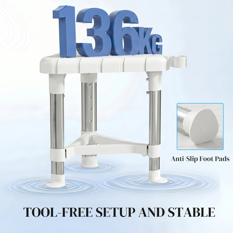 Corner Shower Stool with Adjustable Height and Storage Shelf for Compact Bathrooms White