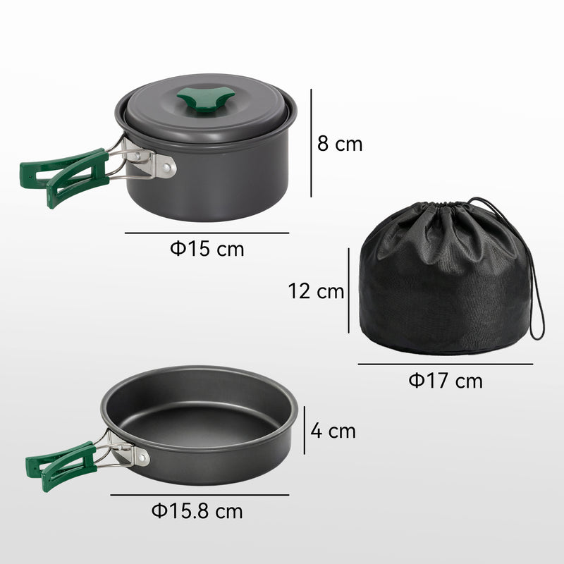Camping Cookware Set for Two with Quick-Heating Pans and Space-Saving Nesting Design Grey Green