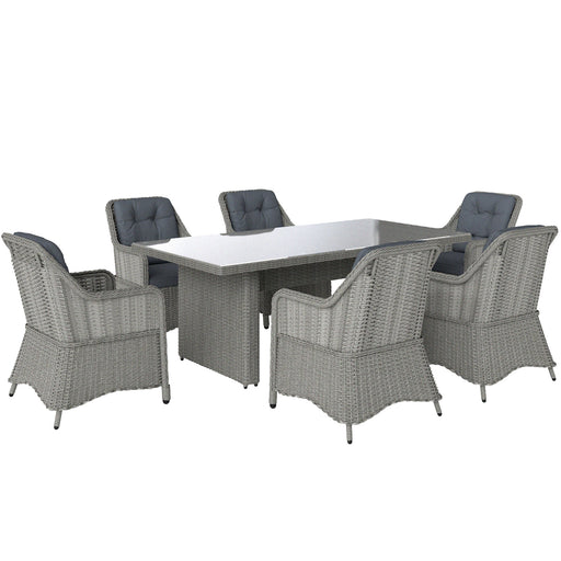 Grey 6 Seater Rattan Patio Dining Set With Cushions and Glass Top Table by Outsunny