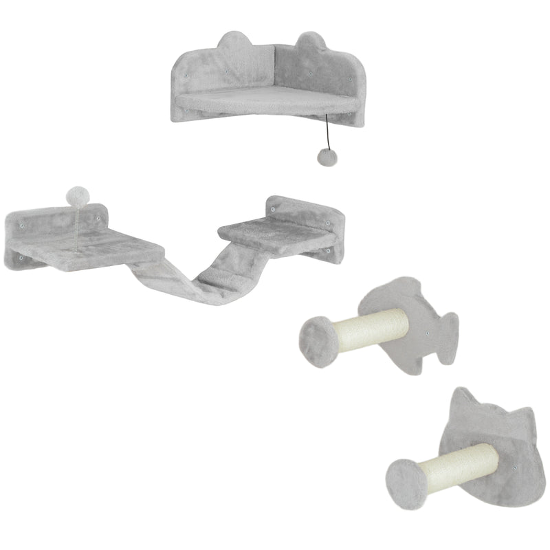 Light Grey 4 Piece Cat Wall Shelves With Steps Ladder and Platforms for Climbing by PawHut