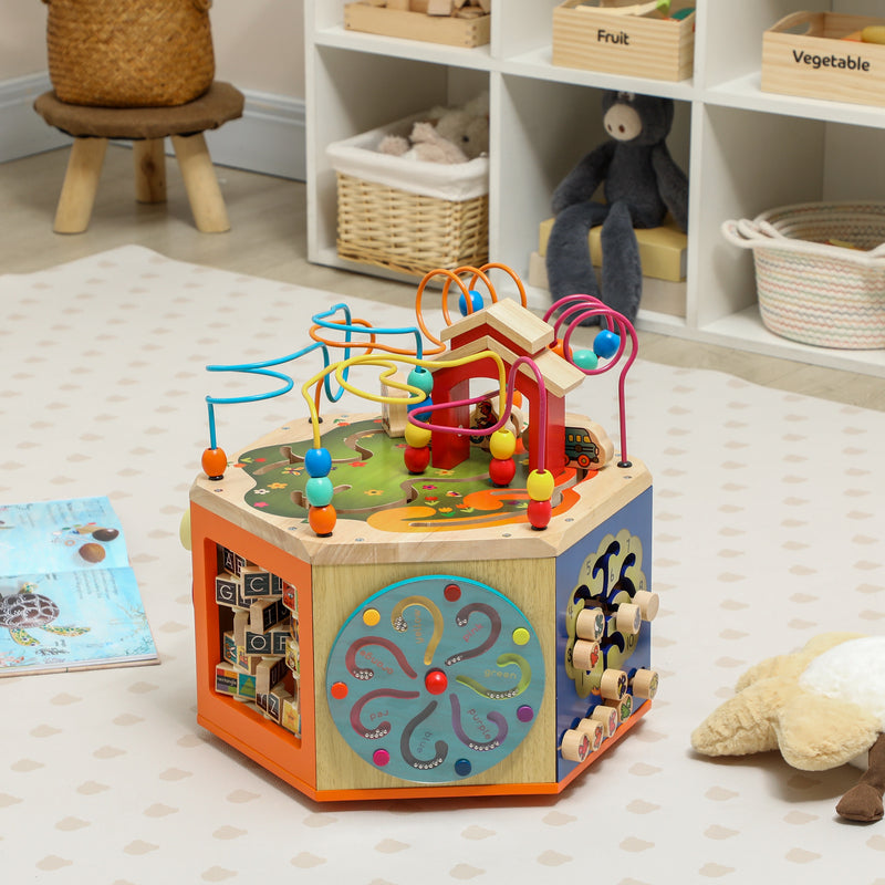 8 in 1 Wooden Activity Cube with Bead Maze and Shape Sorter for Toddlers 18 Months+ Natural AOSOM