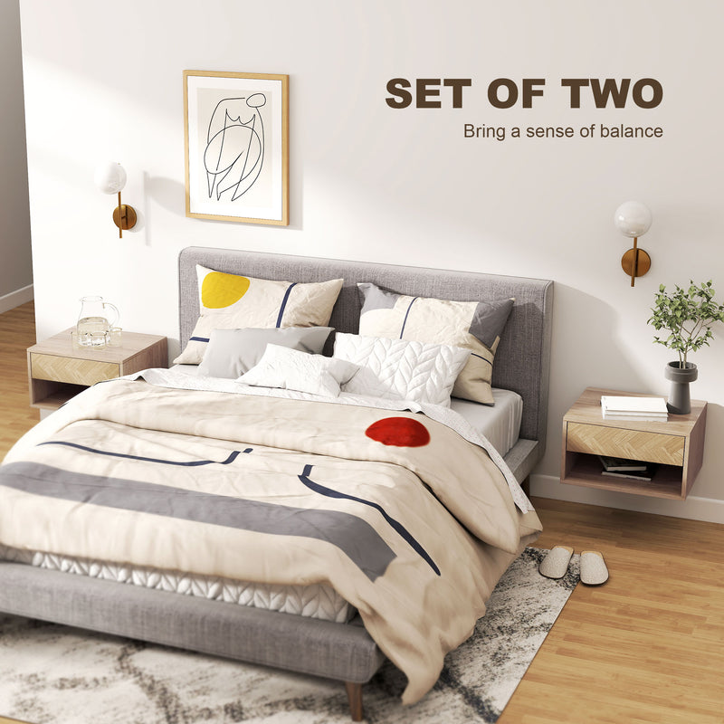 Floating Bedside Tables Set of 2 with Drawer and Shelf for Space Saving Storage Natural Wood AOSOM