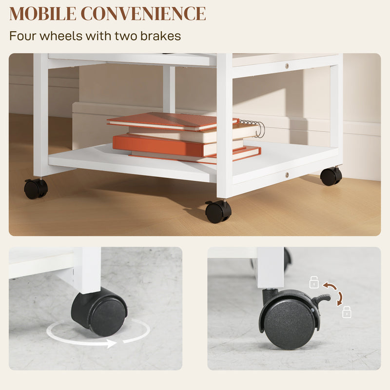 Three Tier Steel Printer Trolley with Lockable Wheels for Home Office Use, White