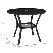 90 cm Round Steel Garden Dining Table with Parasol Hole and Shelf Black by Outsunny