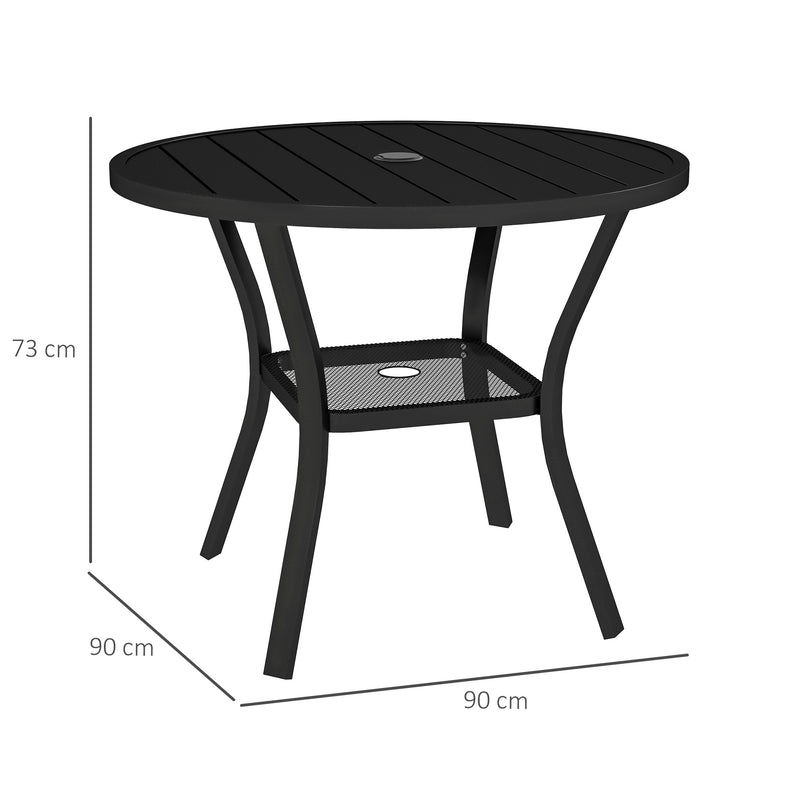 90 cm Round Steel Garden Dining Table with Parasol Hole and Shelf Black by Outsunny