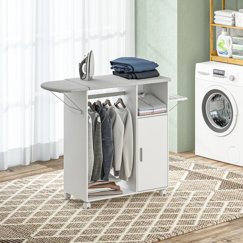Rolling Ironing Board Cabinet with Storage and Lockable Wheels for Home Use White AOSOM