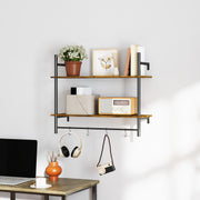 Rustic Brown Wall Mounted Floating Shelf With 4 Hooks for Living Room or Hallway by HOMCOM