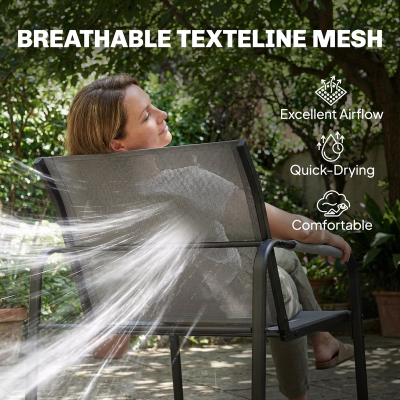 4 Piece Garden Furniture Set with Breathable Mesh Seats and Glass Table. Grey/Black