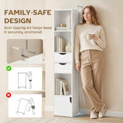 Slim Corner Bookcase with Shelves Drawers and Cabinet for Compact Home Storage White AOSOM