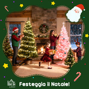 Festive promotional graphic with a family decorating lit trees, with Italian text