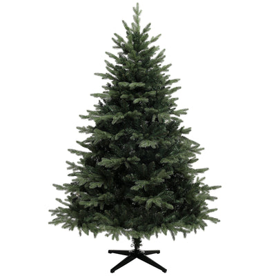 6ft artificial spruce Christmas tree on a black metal stand against a plain white background