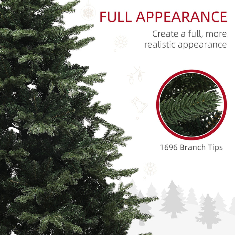 Close-up of dense spruce branch tips with a 1696 branch tips callout