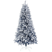 Studio shot of a 6ft blue snow-flocked Christmas tree on a white metal stand