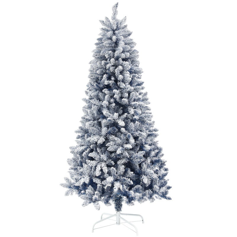 Studio shot of a 6ft blue snow-flocked Christmas tree on a white metal stand