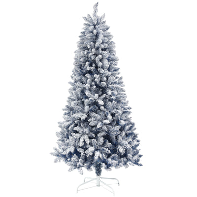 Studio shot of a 6ft blue snow-flocked Christmas tree on a white metal stand