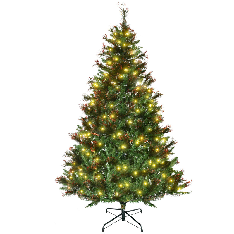 Lit green Christmas tree standing on a foldable metal base, white background