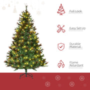 Lit tree beside icons for full look, easy set-up, durable material and flame retardant