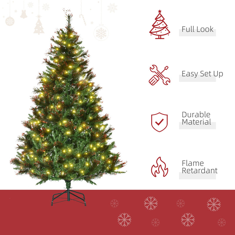 Lit tree beside icons for full look, easy set-up, durable material and flame retardant