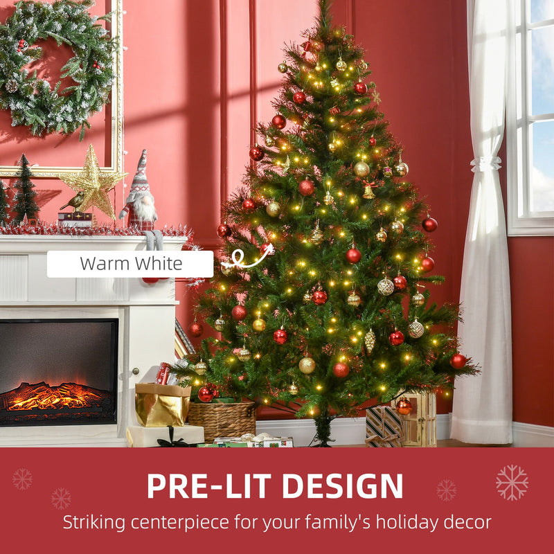 Decorated tree in a living room with a Warm White label pointing to the lights under Pre-lit design