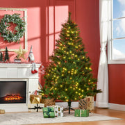 Lit Christmas tree in a red-walled living room with a wreath above the fireplace and wrapped gifts