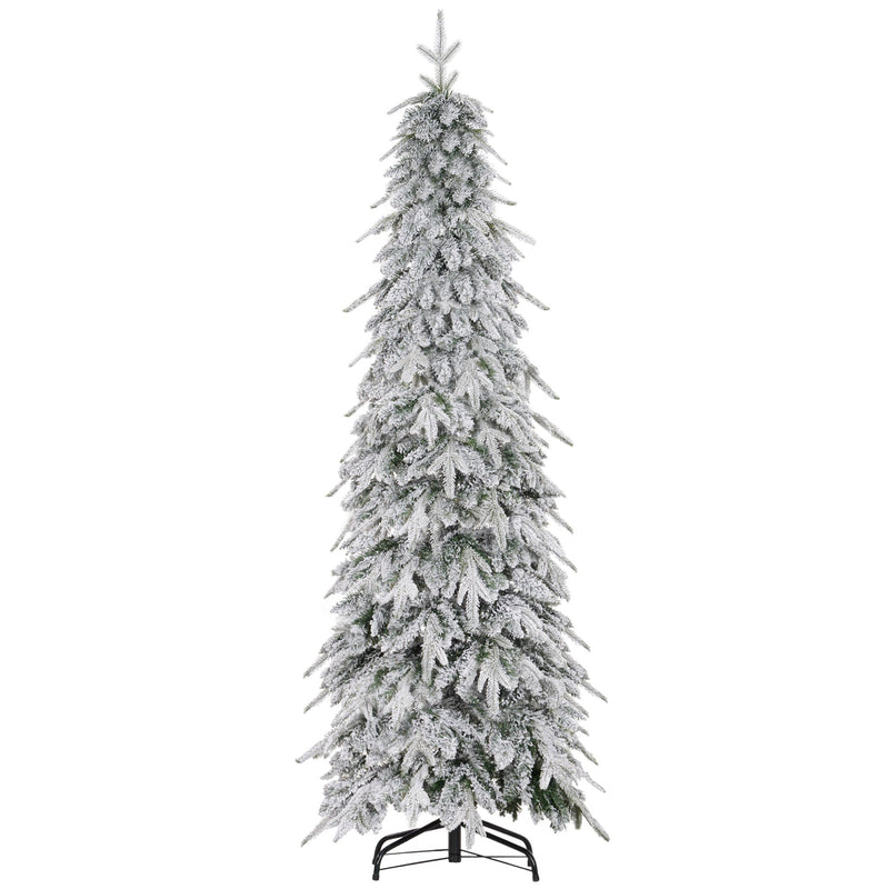 Studio shot of a slim 6ft snow-flocked Christmas tree on a black metal stand