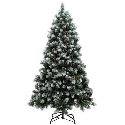 Studio shot of a 6ft snow-dipped pine Christmas tree on a black metal stand