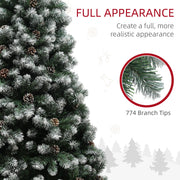 Close-up of snowy branches and pine cones with a 774 branch tips callout
