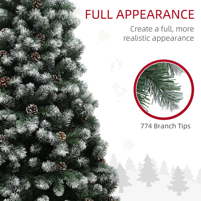 Close-up of snowy branches and pine cones with a 774 branch tips callout