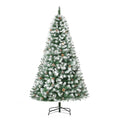 6ft snow flocked Christmas tree with pine cones on a metal stand on a white background