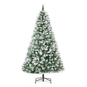 6ft snow flocked Christmas tree with pine cones on a metal stand on a white background