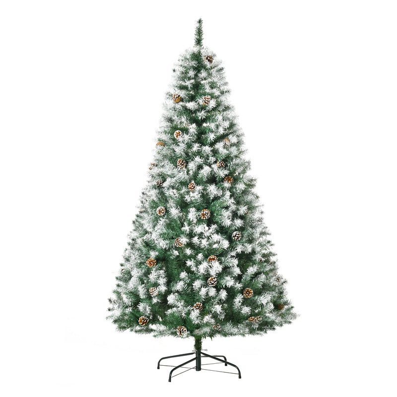 Snow flocked Christmas tree on its stand on a white background
