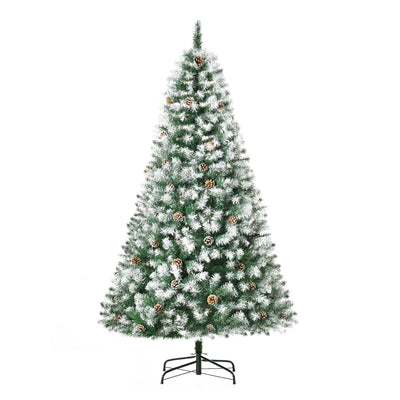 6ft snow flocked Christmas tree with pine cones on a metal stand on a white background